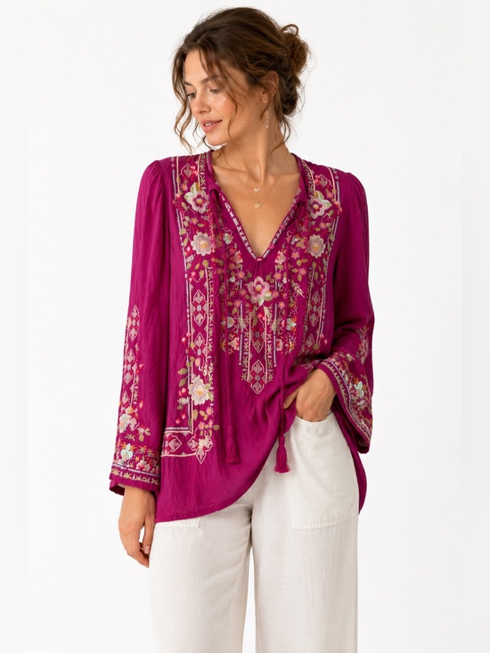 Johnny Was Tops - Johnny Was Embroidered Floral Cupra Rayon Boho Tunic Blouse Approx S Magenta